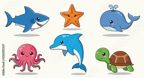 Photography Collection of Cute Cartoon Sea Animals Including Shark Dolphin and Turtle