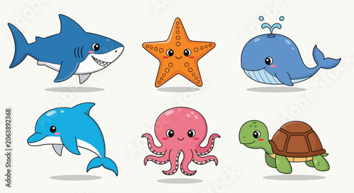 Tableau sur toile Collection of Cute Cartoon Sea Animals Including Shark Starfish Whale Dolphin Octopus and Turtle Vector Illustration