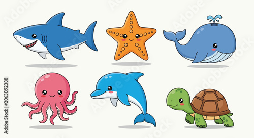 Photography Collection of Cute Cartoon Sea Animals Including Shark Starfish Whale Octopus Dolphin and Turtle