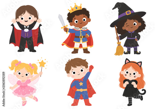 Collection of kids in Halloween costumes. Kids dressed as vampire, witch, fairy, superhero and black cat. Cute set for Halloween party. Vector illustration in the flat hand drawn style.