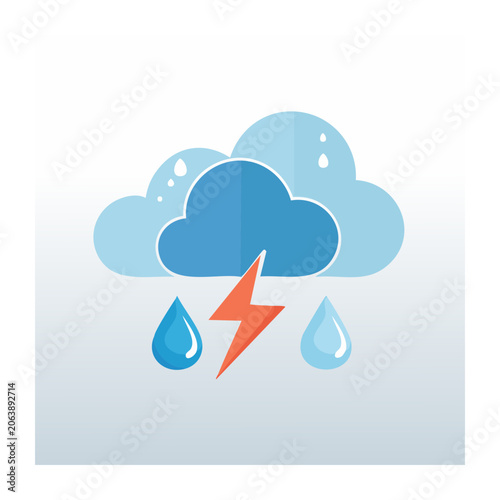 Flat design storm cloud with lightning and raindrops