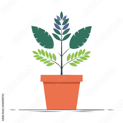Flat design potted plant with green leaves and orange pot