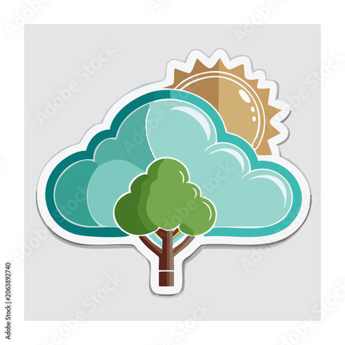 Flat design tree cloud and sun illustration