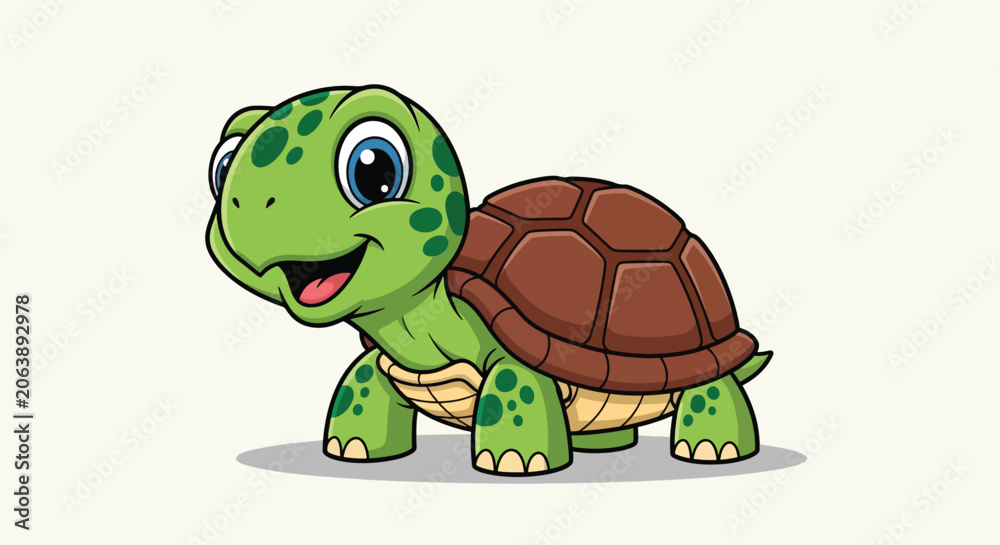 Obraz premium Cute cartoon turtle smiling and walking on a white background.