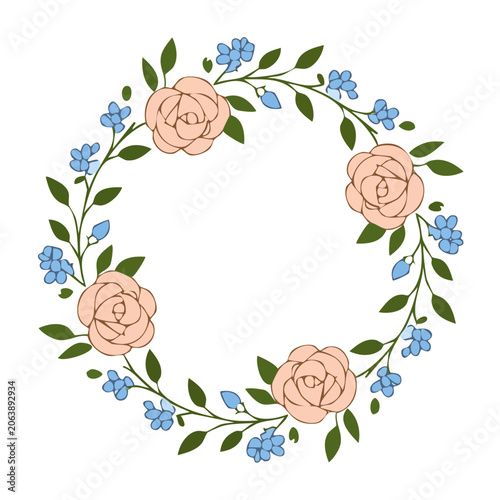 Pink rose and blue flower circular wreath illustration