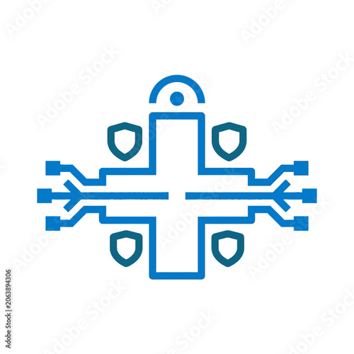 A blue digital circuit icon with shield symbols on white background