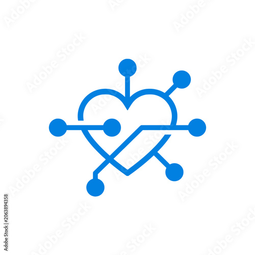 A blue digital heart icon with connected nodes on white background