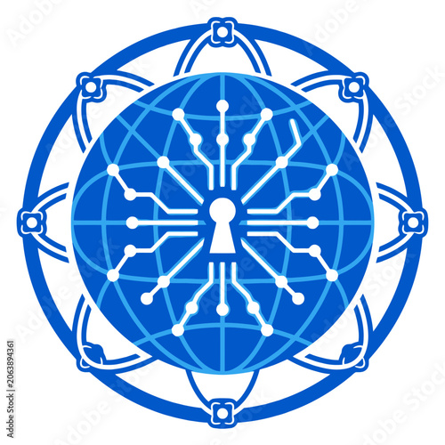 A blue digital globe icon with a central keyhole and circuits