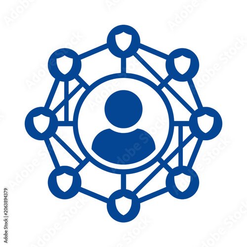 A blue digital icon showing a person connected to security shields