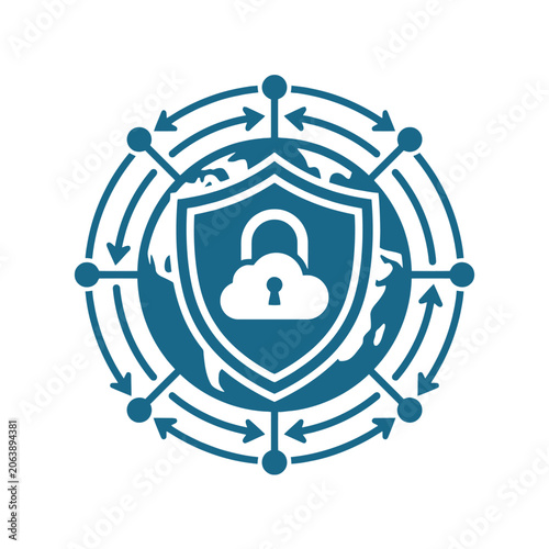 A blue digital icon showing a secure global network connection