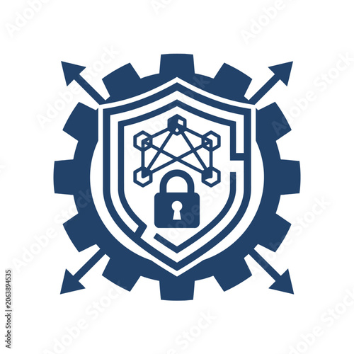 A blue gear shield icon representing secure digital network protection