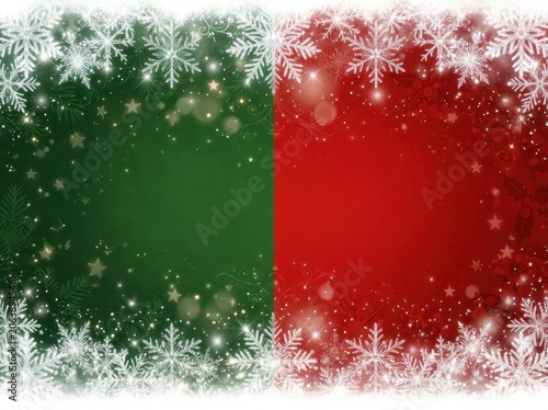 Christmas background with green and red split design, snowflakes and stars