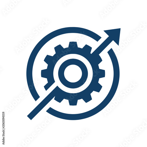 A blue gear icon with an upward arrow for business growth