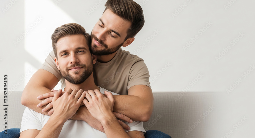 Fototapeta premium Tender embrace between two men, symbolizing love, connection, and intimacy, suitable for relationship or lifestyle themes