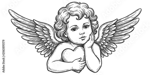 Slika na platnu Vintage engraving style sketch of a cute cupid cherub angel holding heart symbol