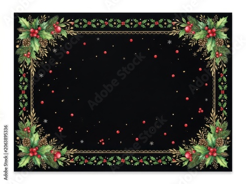 Elegant christmas frame with holly leaves, red berries, pine cones and golden lace border on black background