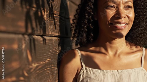 Smiling African American woman leaning against a wooden wall. Sunlight casting shadows on face and dark textured board surface. Casual lifestyle portrait concept