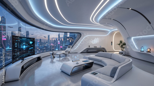 A quiet moment in a luxury skyloft above the neon pulse of a future city.