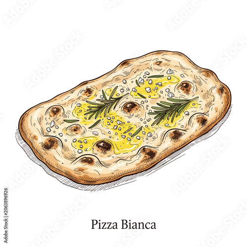 Delicious Pizza Bianca illustration showcasing a savory rustic flatbread, perfectly seasoned with aromatic rosemary, golden olive oil, and coarse sea salt, an inviting culinary artwork