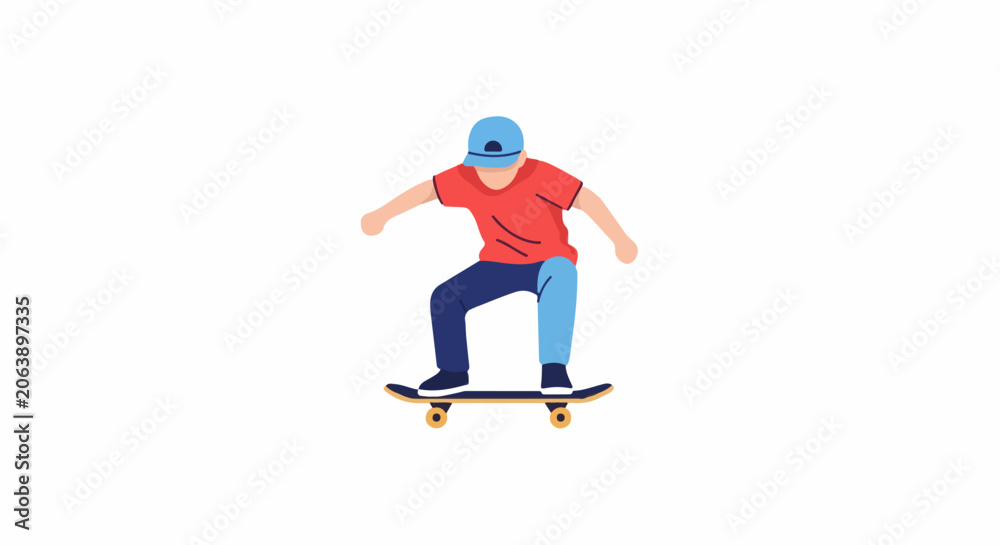 Obraz premium A skateboarder in a red shirt and blue jeans performs a trick