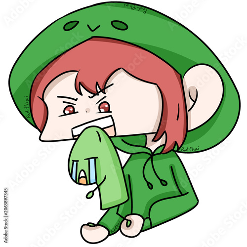 Cute cartoon girl wearing a green frog costume