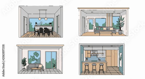 A modern home's interior with four rooms