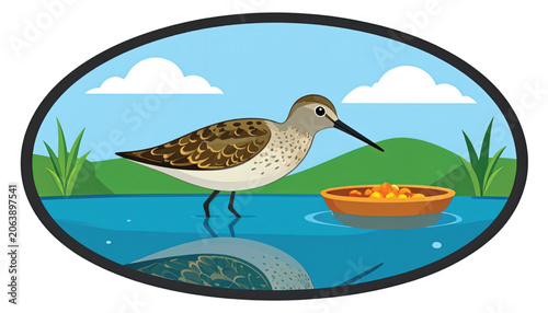 Brown bird standing by water eating.