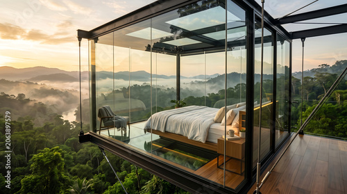 Modern Minimalist Glass Cabin Bedroom Overlooking Lush Mountain Forest.