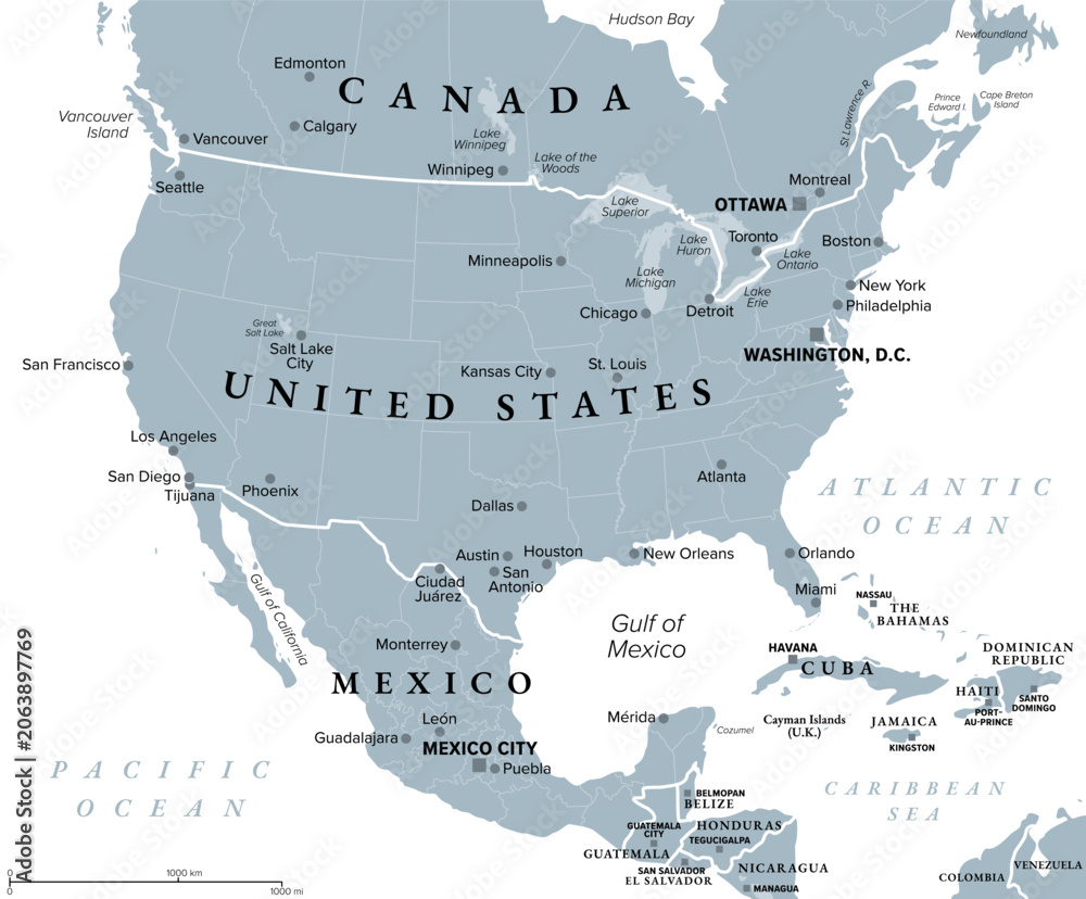 Naklejka premium Canada, United States, and Mexico, gray political map of North America, showing Canada south of 60, USA, and Mexico, with capitals, largest cities, and borders of their states and provinces. Vector