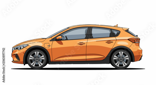 A vibrant orange hatchback car with silver rims and dark-tinted windows