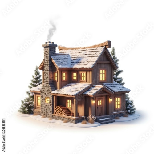 Cozy Winter Cabin with Snow and Warm Glowing Windows.