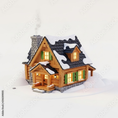 Cozy Winter Log Cabin with Snow-Covered Roof and Warm Glowing Windows.