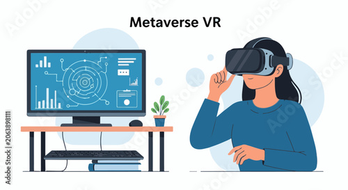 A woman wearing VR headset sitting next to a computer