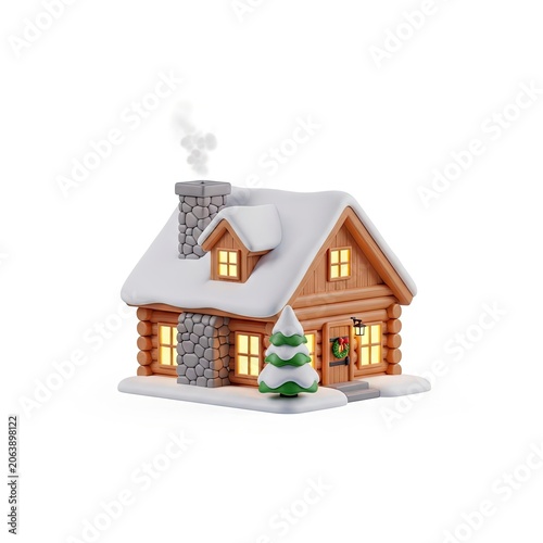 Cozy Winter Log Cabin with Snow-Covered Roof and Glowing Windows, Festive Christmas Tree Decoration.
