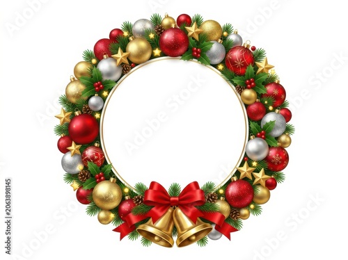 Christmas wreath with red and gold ornaments, pine cones, holly leaves, and a bow isolated on white background