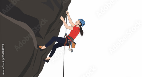 A woman in red shirt and blue helmet climbing a steep rock face