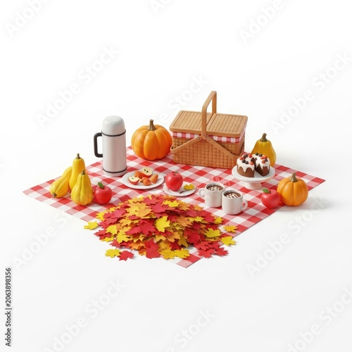 Autumn Picnic Scene with Basket, Thermos, Gourds, and Fall Leaves on Plaid Blanket.