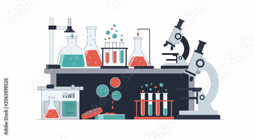 Colorful laboratory equipment with beakers, flasks, test tubes, and microscope on a shelf
