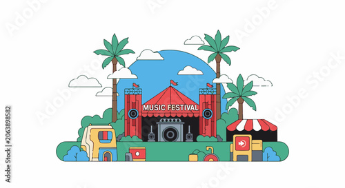 Colorful music festival scene with palm trees and a stage
