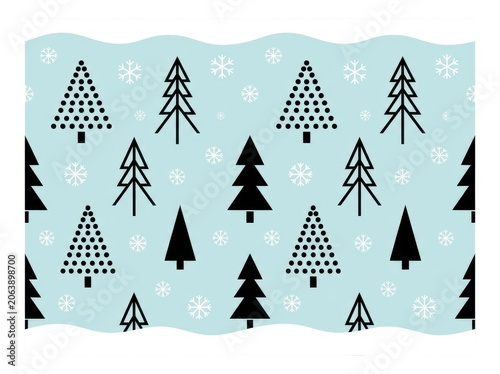 Seamless pattern with christmas trees and snowflakes on a light blue background