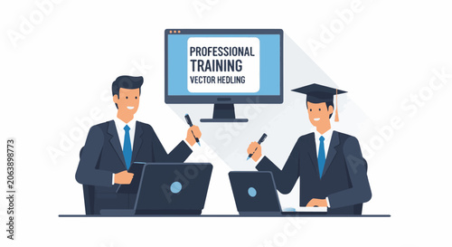 Two businessmen in suits and blue ties sit at laptops
