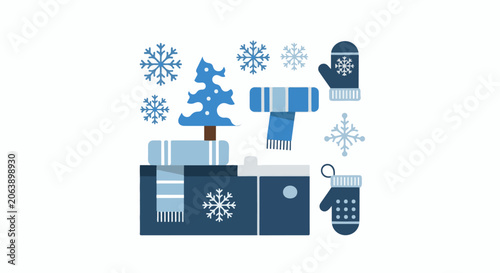 Winter accessories and gifts in shades of blue, with snowflakes and a tree