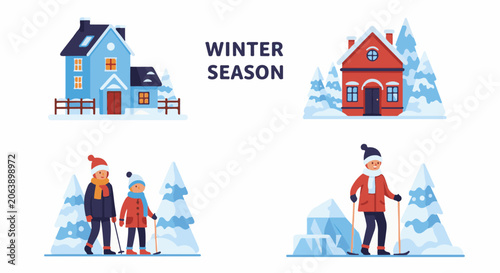 Winter season illustration with houses and people skiing