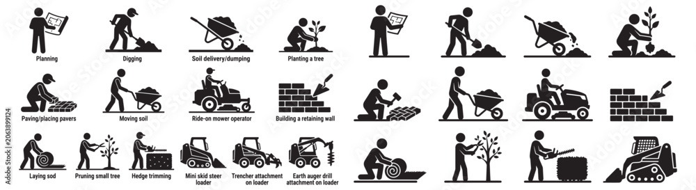 Obraz premium Landscape Maintenance and Garden Construction Silhouette Icons Set Showing Planting Digging Mowing and Paving 