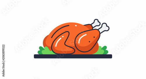A cartoon-style illustration of a roasted chicken on a plate with greens