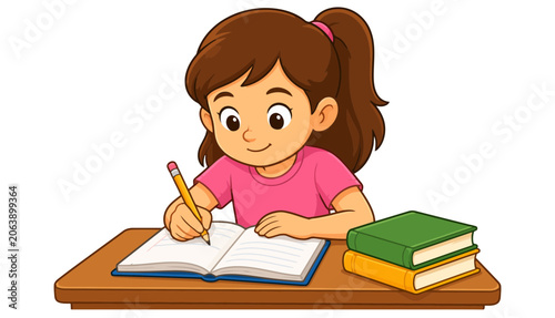 Young Girl Studying and Writing at a Desk with Books