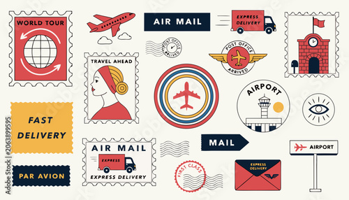 Bild auf Leinwand Collection of various travel and postal themed icons and stamps