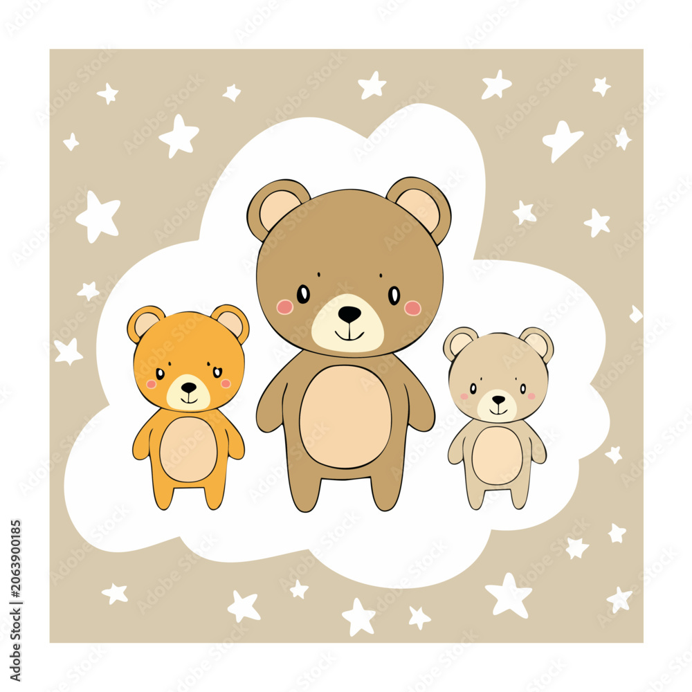 Naklejka premium Cute Cartoon Teddy Bears on Starry Background
