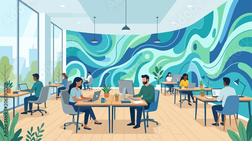 A spacious co-working area features multiple individuals working independently yet connected, against a backdrop of a fluid abstract wall mural. This flat design illustrates modern collaborative work 