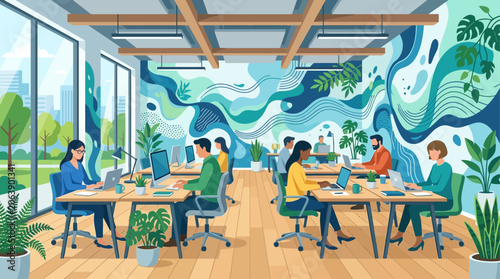 A spacious co-working area features multiple individuals working independently yet connected, against a backdrop of a fluid abstract wall mural. This flat design illustrates modern collaborative work 